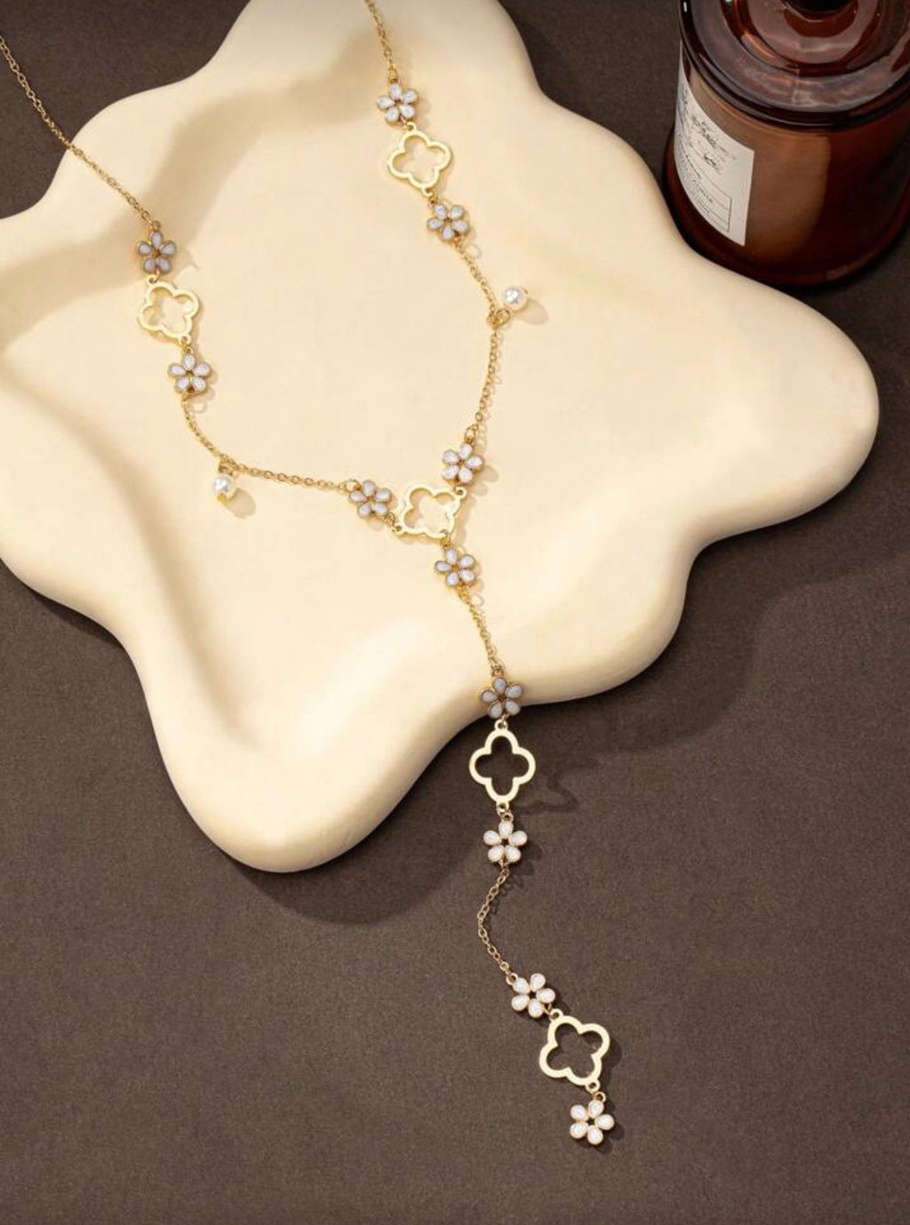 Lucky Flower Faux Pearl Y-Shaped Long Necklace