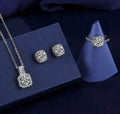 Cuboid Shiny Zirconia Inlaid Stud Earrings & Pendant Necklace & Ring