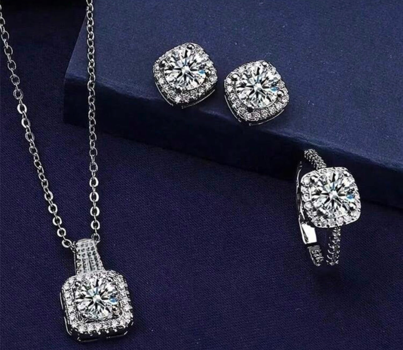 Cuboid Shiny Zirconia Inlaid Stud Earrings & Pendant Necklace & Ring Elegant Luxury Style Delicate Female Gift